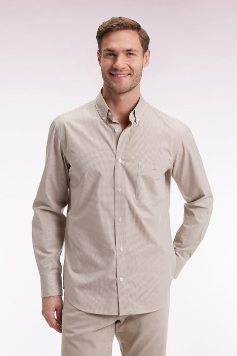 Gingham shirt in beige cotton poplin, straight cut - Image 3