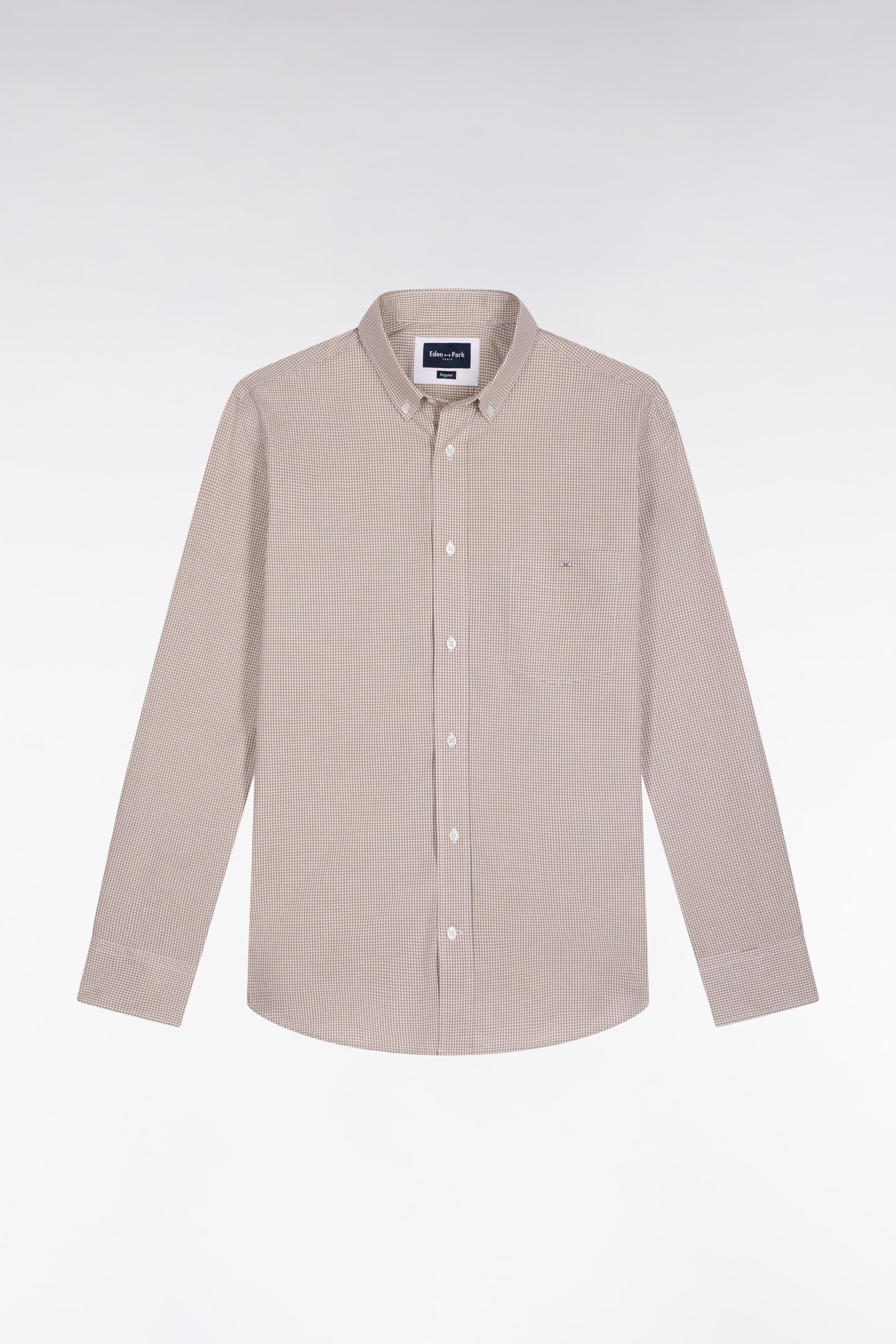 Gingham shirt in beige cotton poplin, straight cut