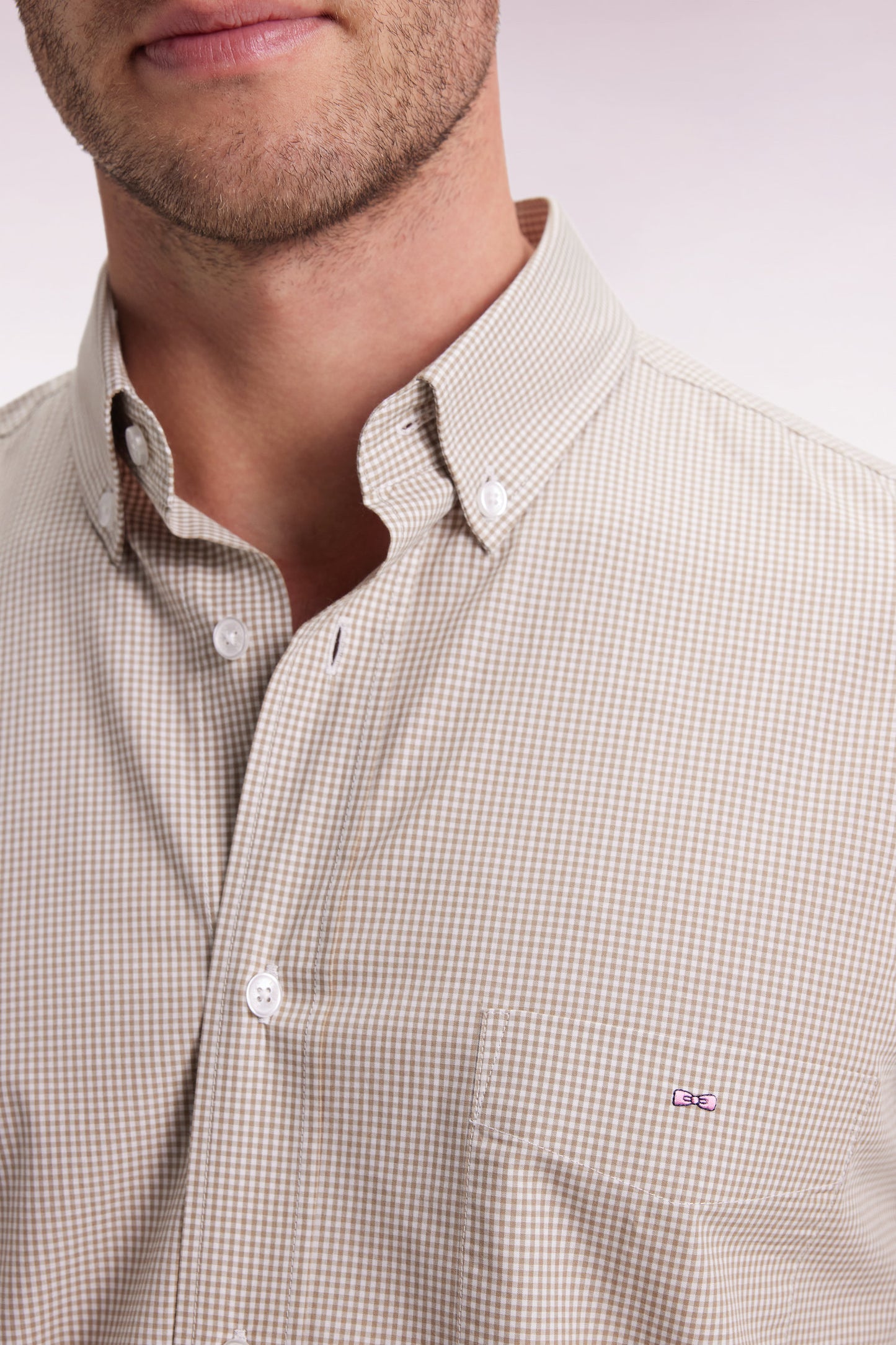 Gingham shirt in beige cotton poplin, straight cut