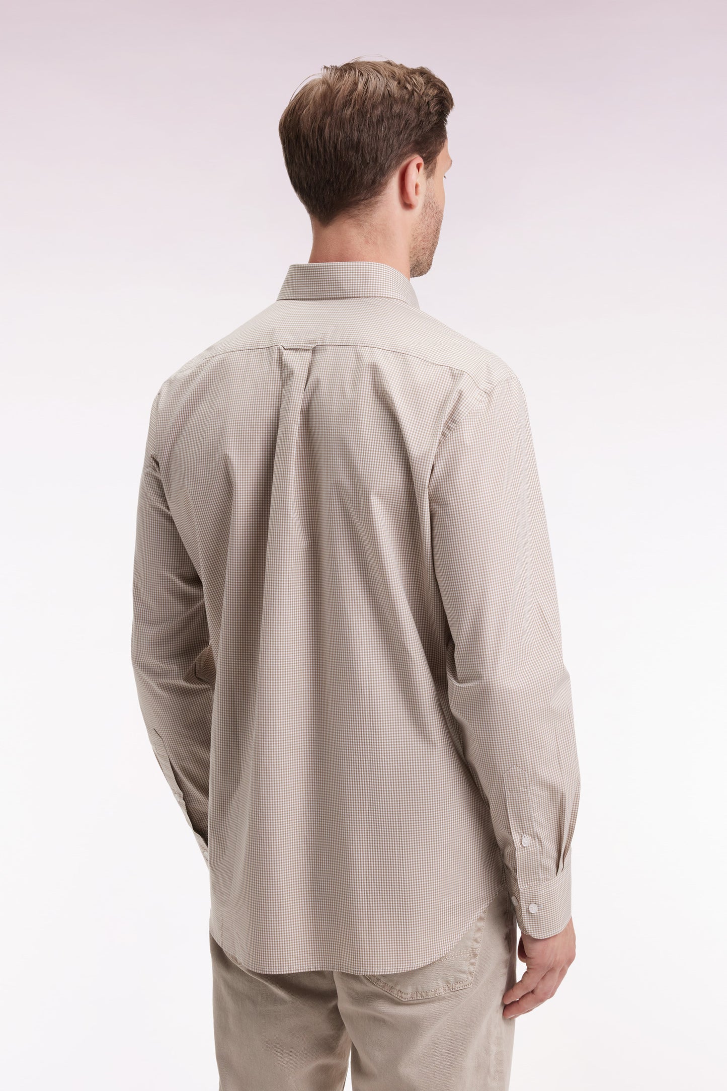 Gingham shirt in beige cotton poplin, straight cut