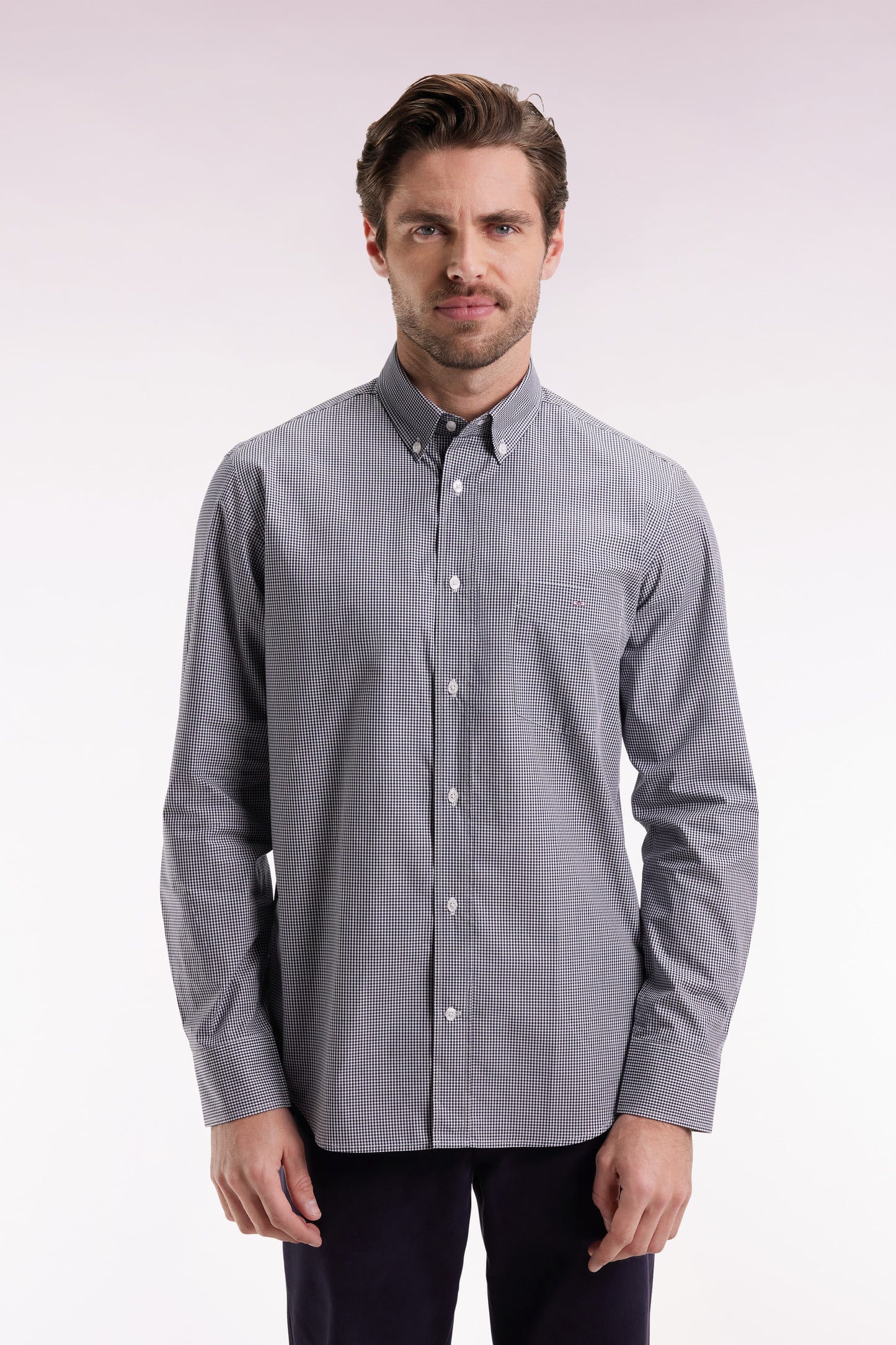 Navy cotton poplin gingham shirt, straight cut