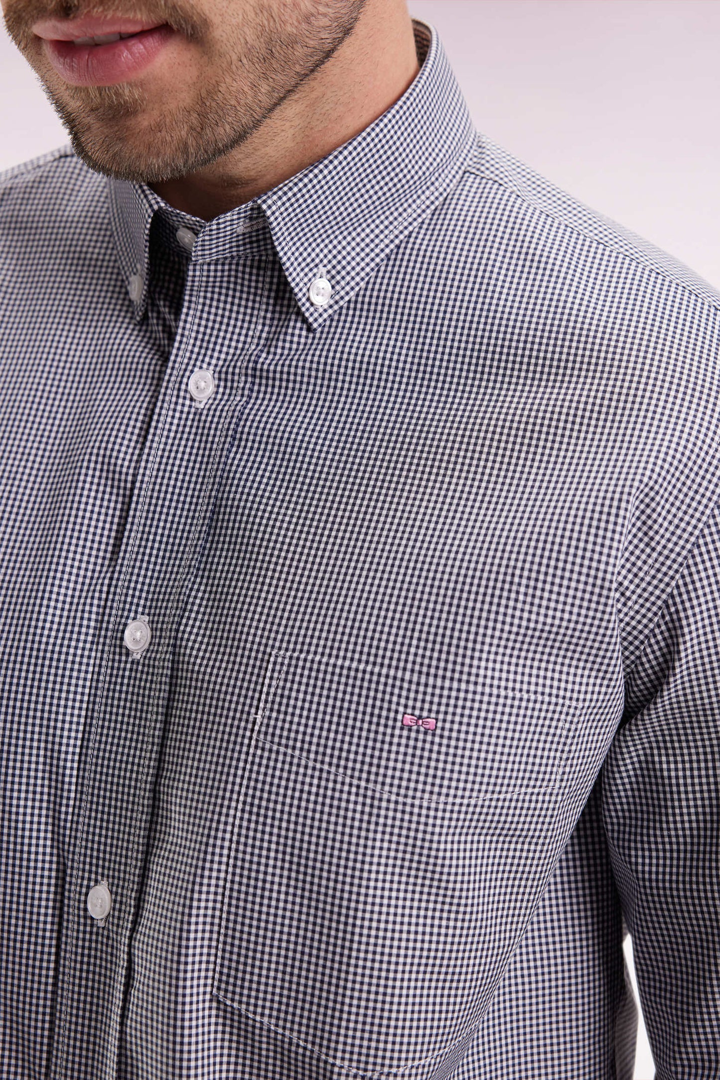 Navy cotton poplin gingham shirt, straight cut