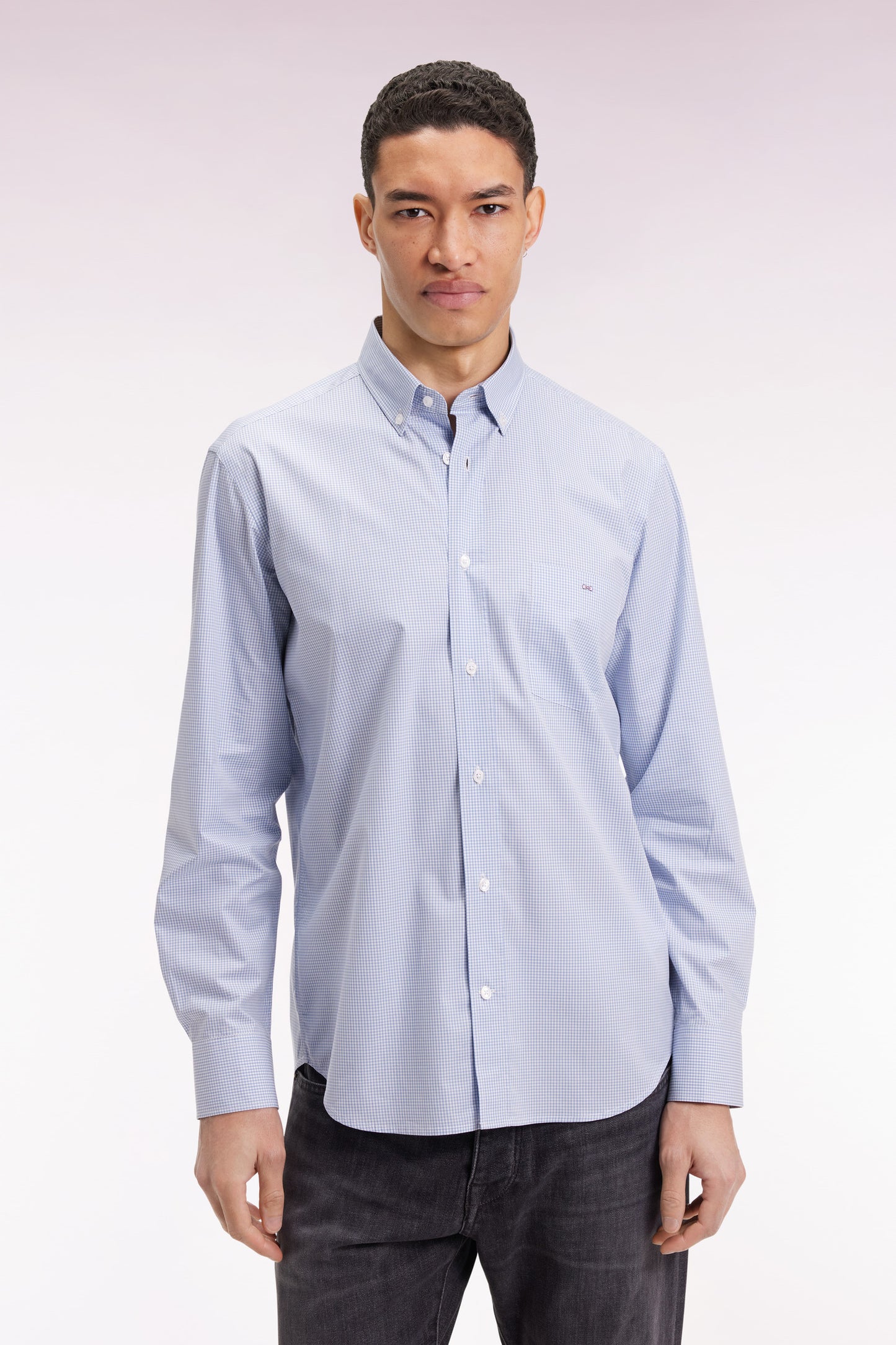 Blue cotton poplin gingham shirt, straight cut