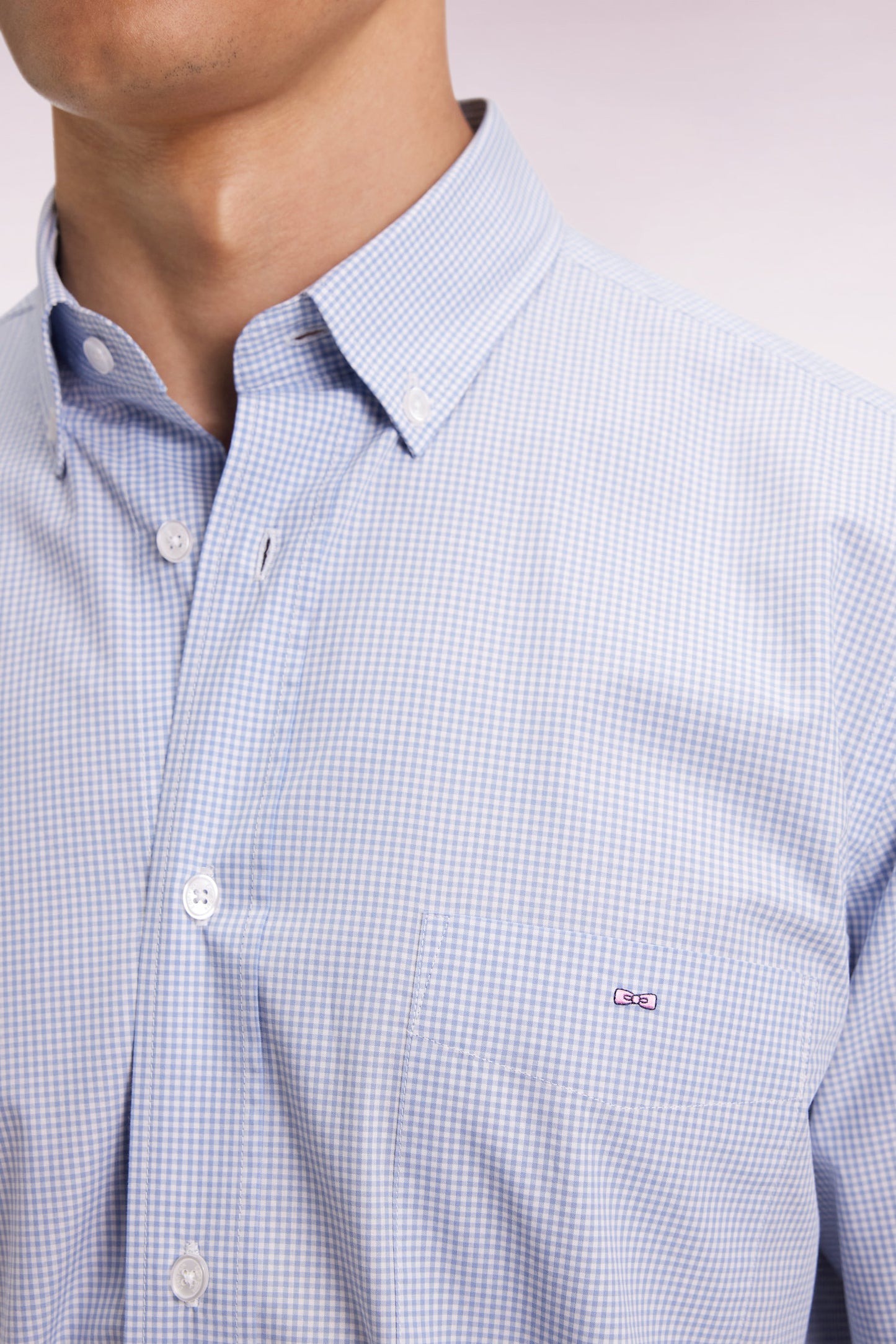 Blue cotton poplin gingham shirt, straight cut
