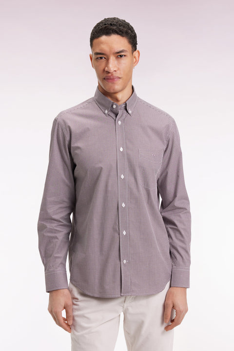 Gingham shirt in burgundy cotton poplin, straight cut - Image 3