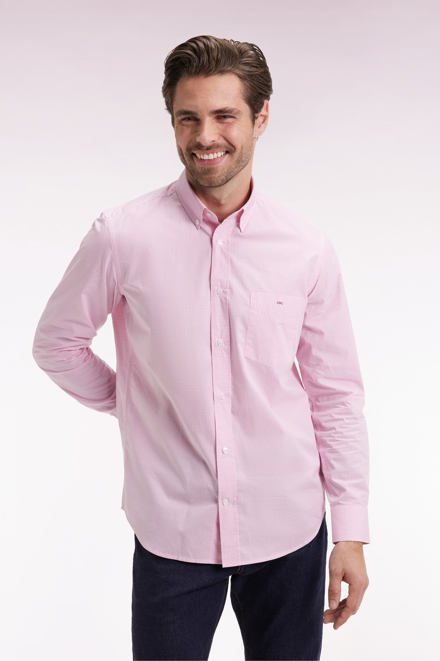 Pink cotton poplin gingham shirt, straight cut