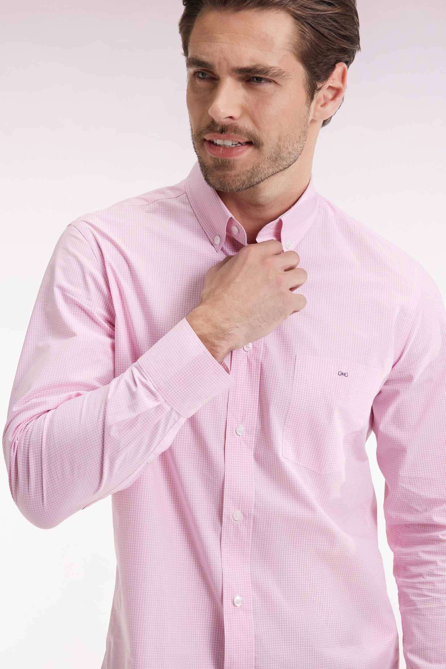 Pink cotton poplin gingham shirt, straight cut