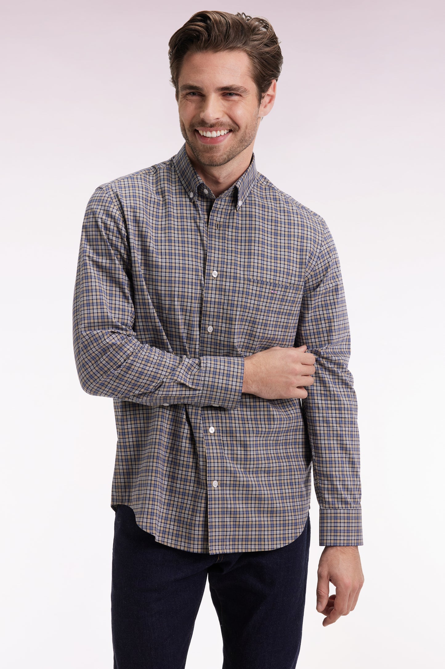 Beige cotton check shirt, straight cut