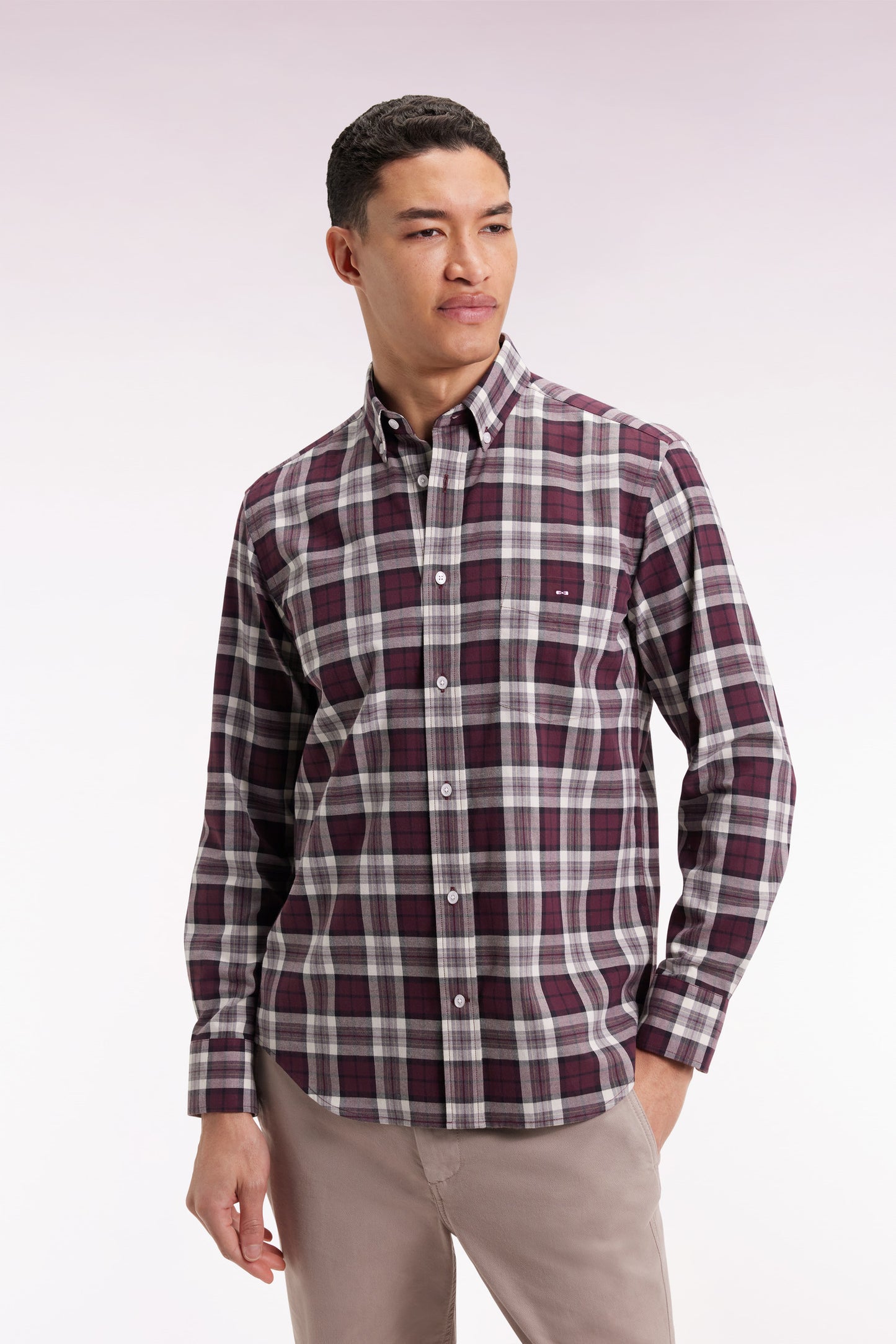 Burgundy cotton straight-cut check shirt