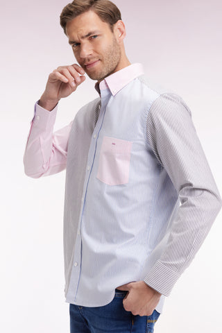 Three-color striped cotton twill shirt, straight cut