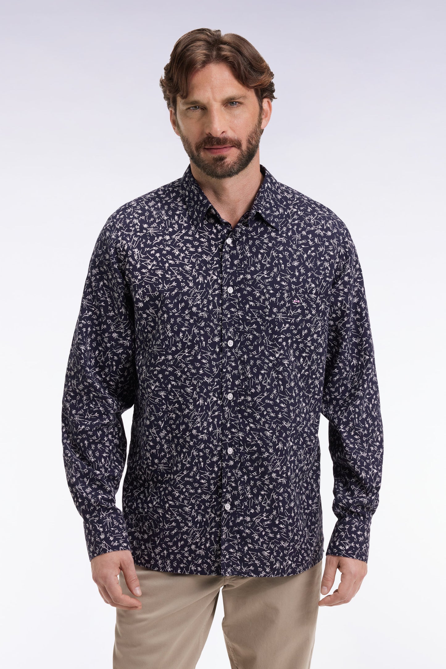 Navy cotton shirt with floral print, straight cut