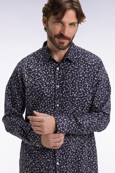 Navy cotton shirt with floral print, straight cut - Image 1