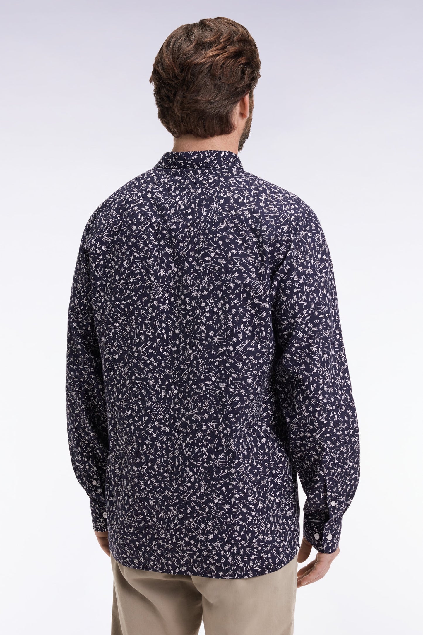 Navy cotton shirt with floral print, straight cut