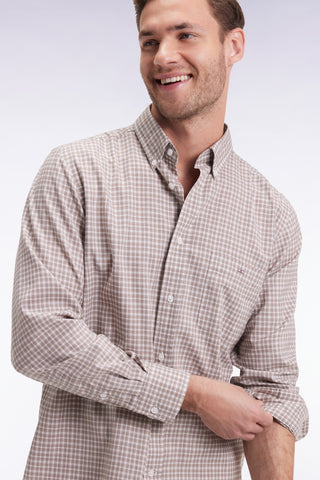 Beige check cotton shirt, straight cut