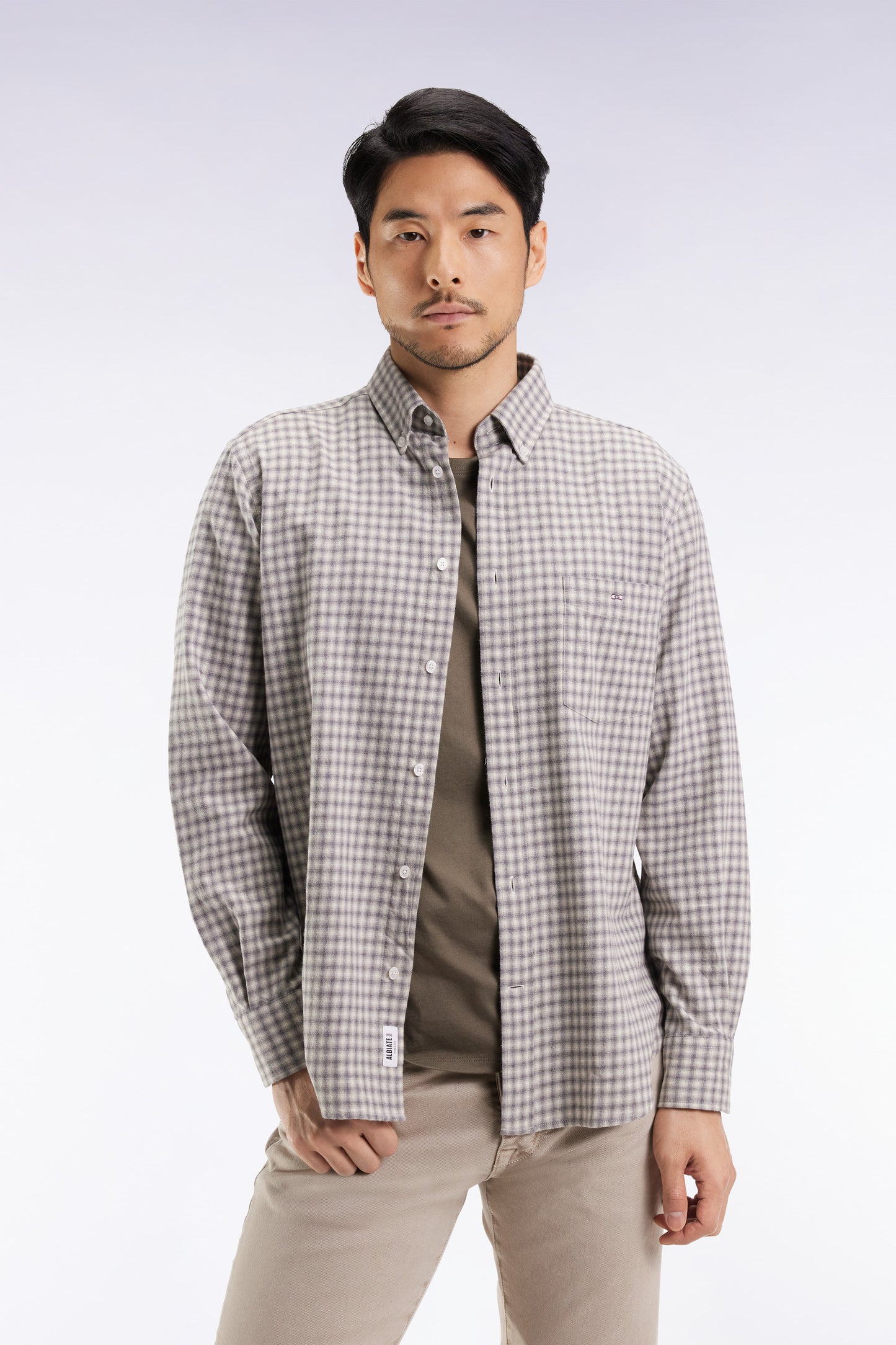 Grey cotton flannel shirt, straight cut