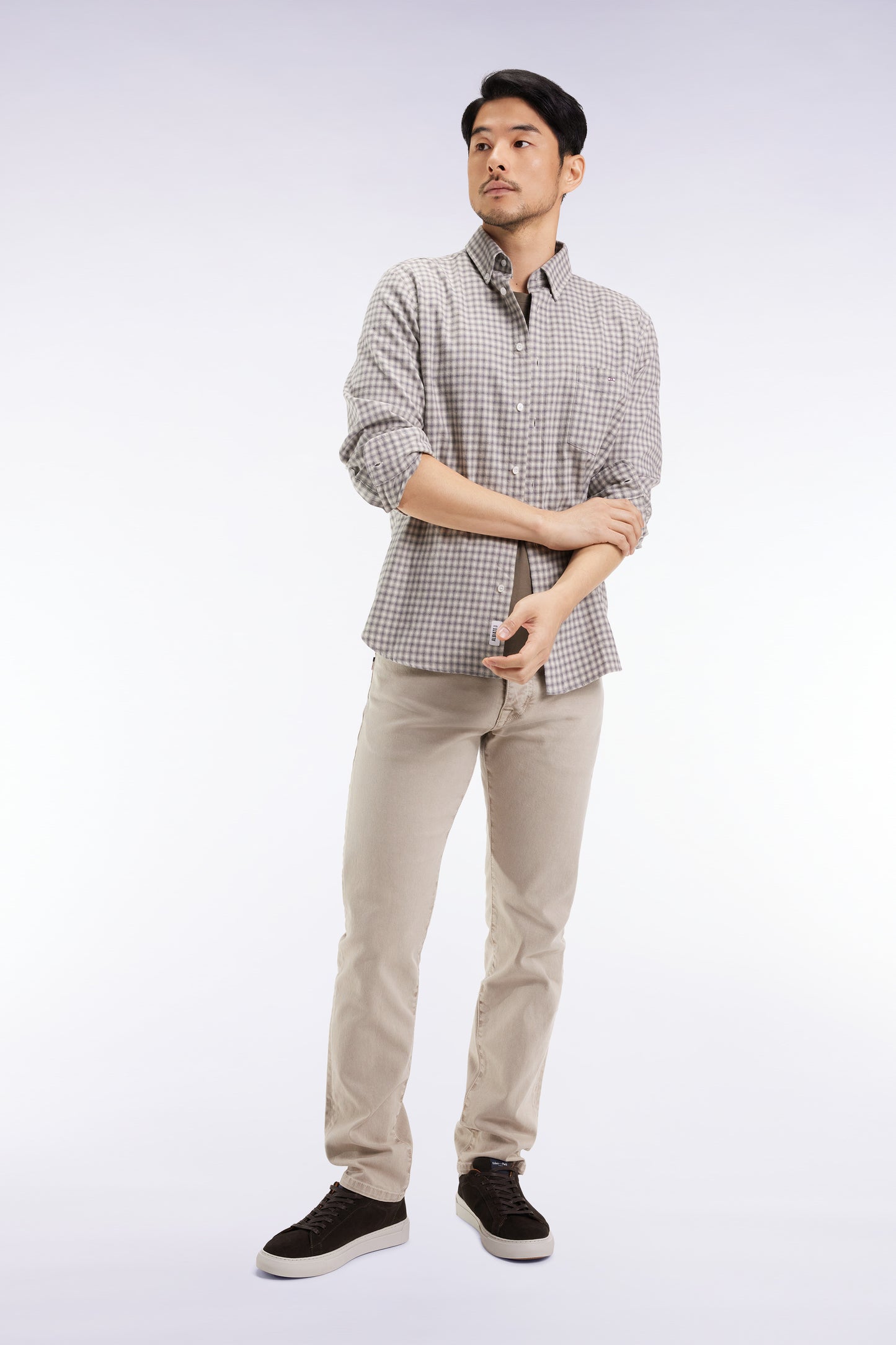 Grey cotton flannel shirt, straight cut