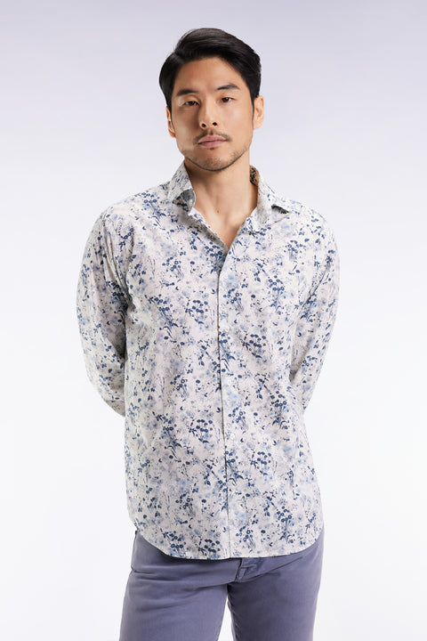 Light grey cotton floral print shirt, straight cut - Image 1