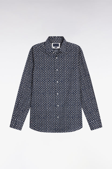 Navy cotton shirt with graphic floral print, straight cut - Image 2