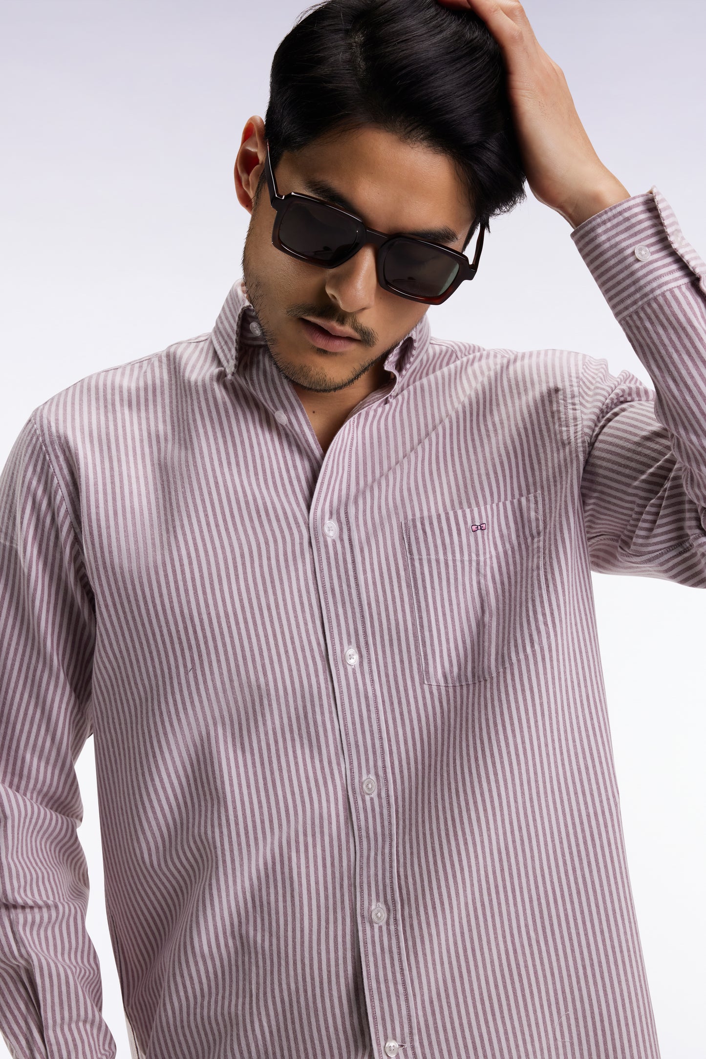 Straight-cut burgundy striped cotton poplin shirt