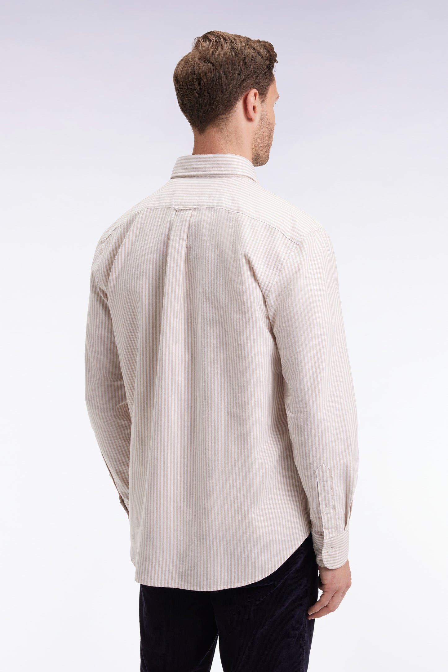 Beige striped cotton poplin shirt, straight cut
