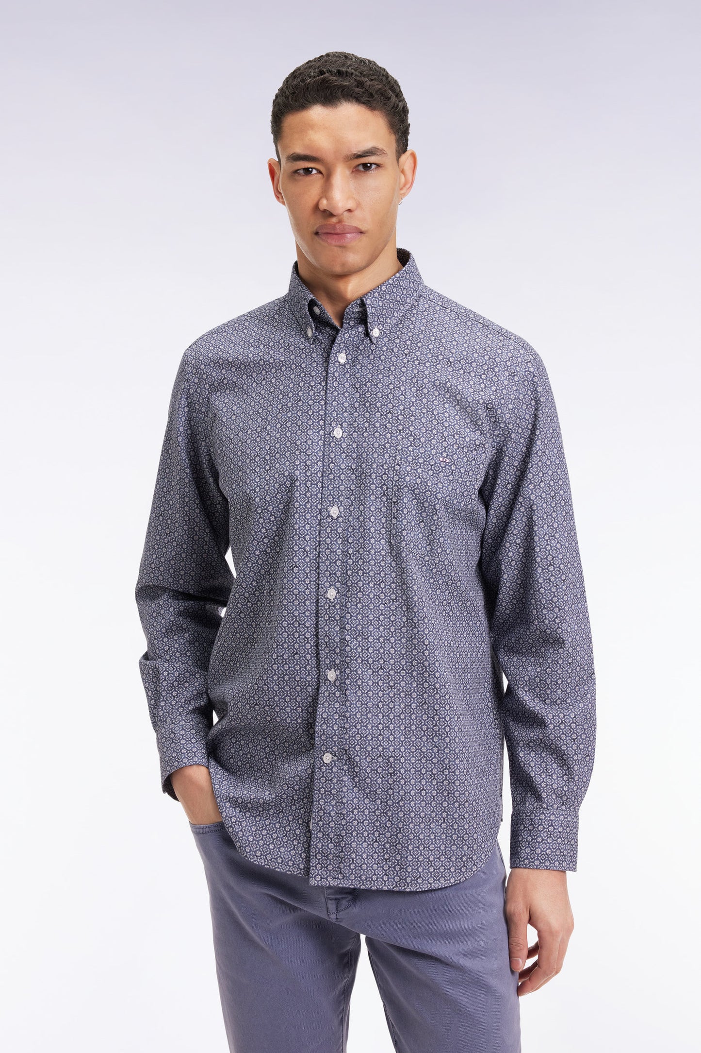 Navy cotton micro-pattern shirt, straight cut