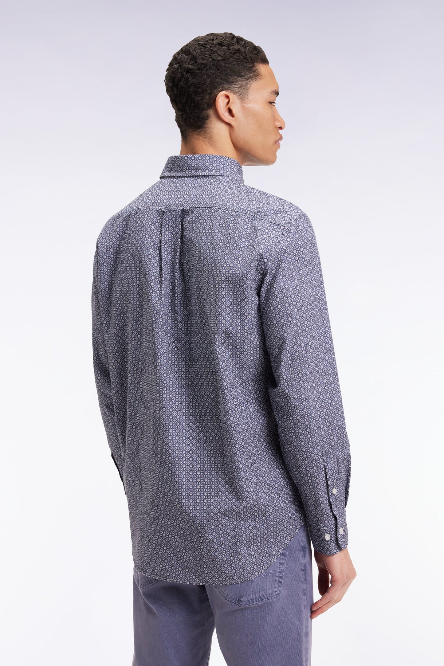 Navy cotton micro-pattern shirt, straight cut