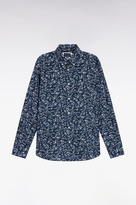 Straight-cut navy cotton shirt with floral micropatterns - Image 2