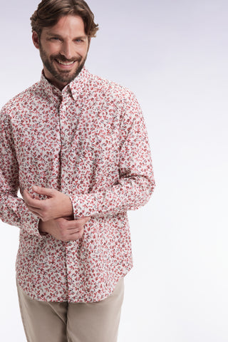 Cotton poplin shirt with red floral micropatterns, straight cut