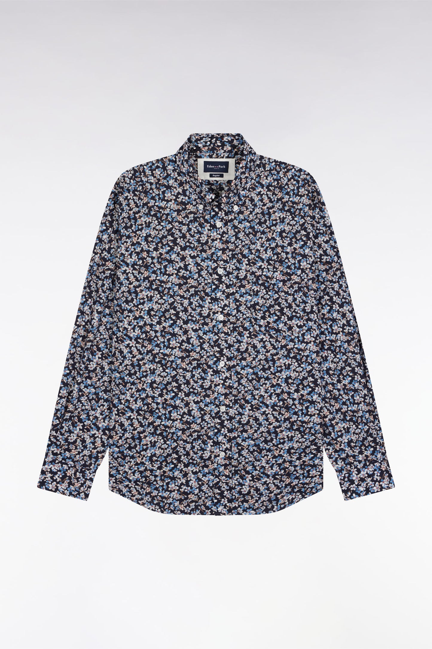 Chemise en popeline de coton à micro-motifs fleurs bleu coupe droite