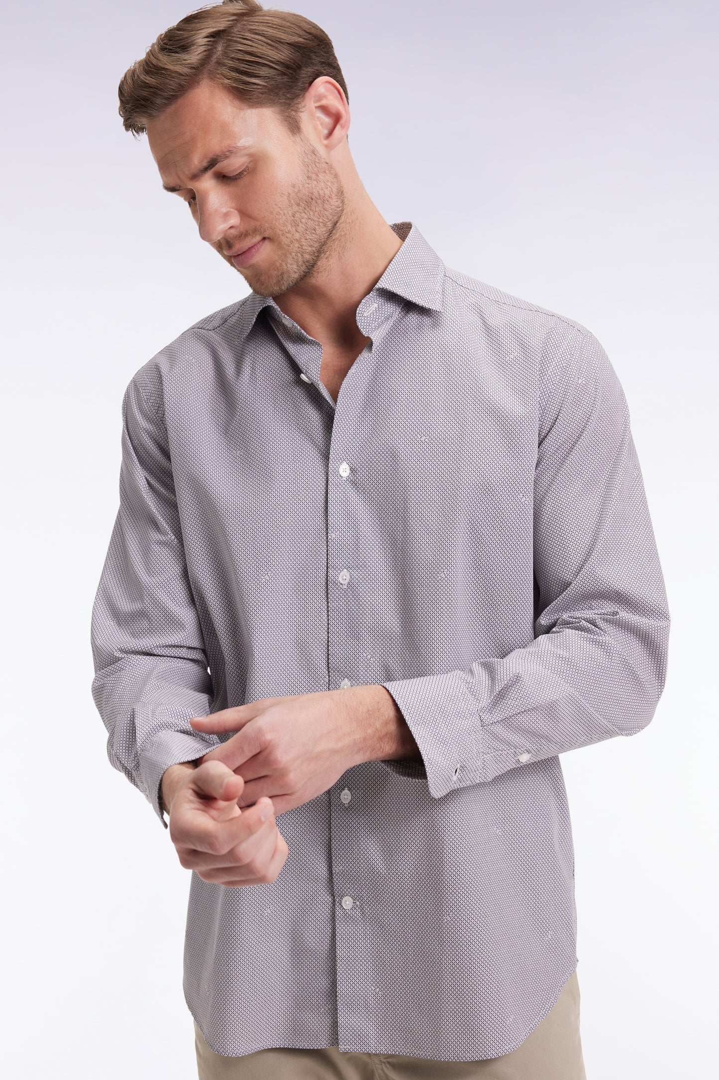 Cotton poplin shirt with beige micro-patterns, straight cut