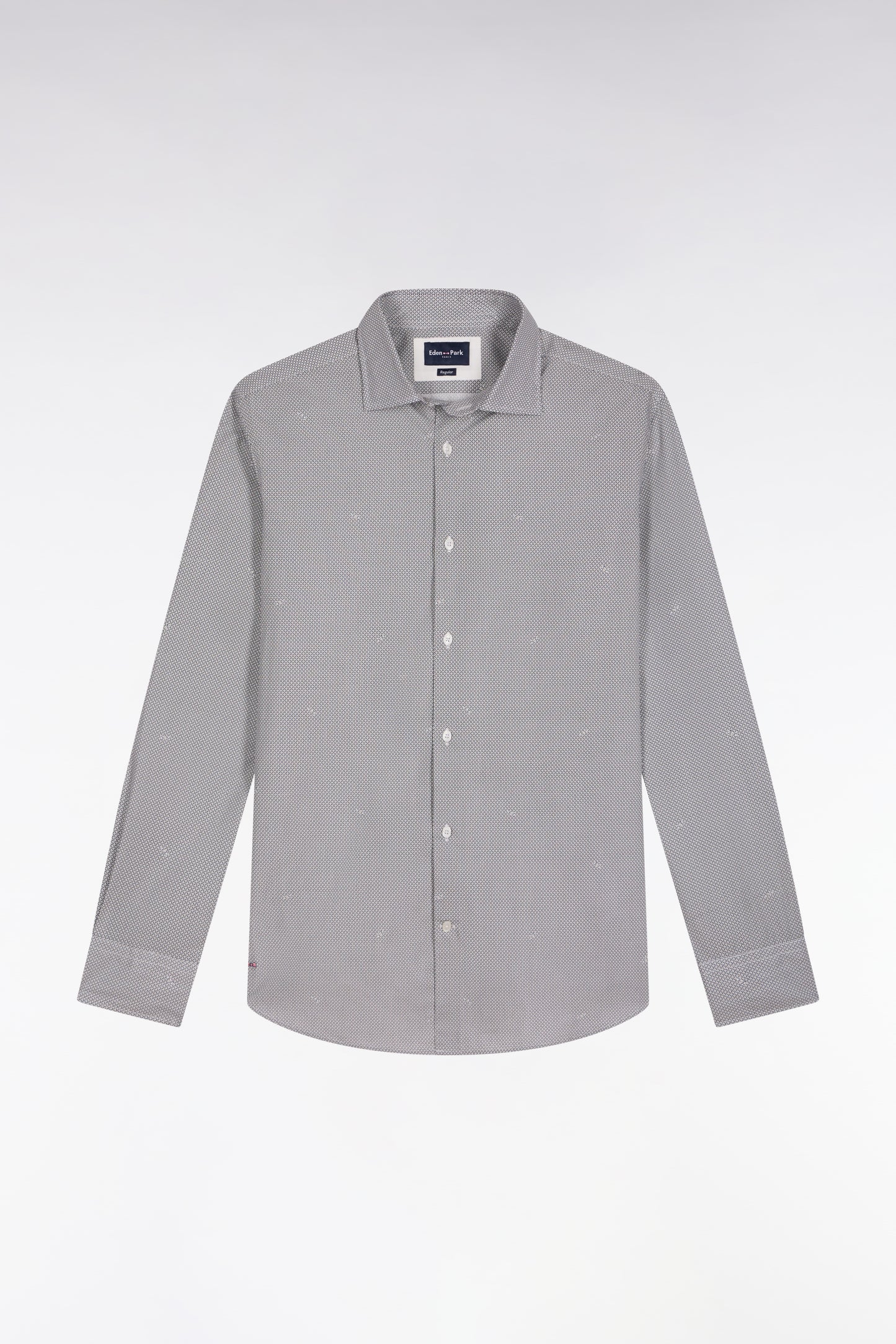 Cotton poplin shirt with beige micro-patterns, straight cut