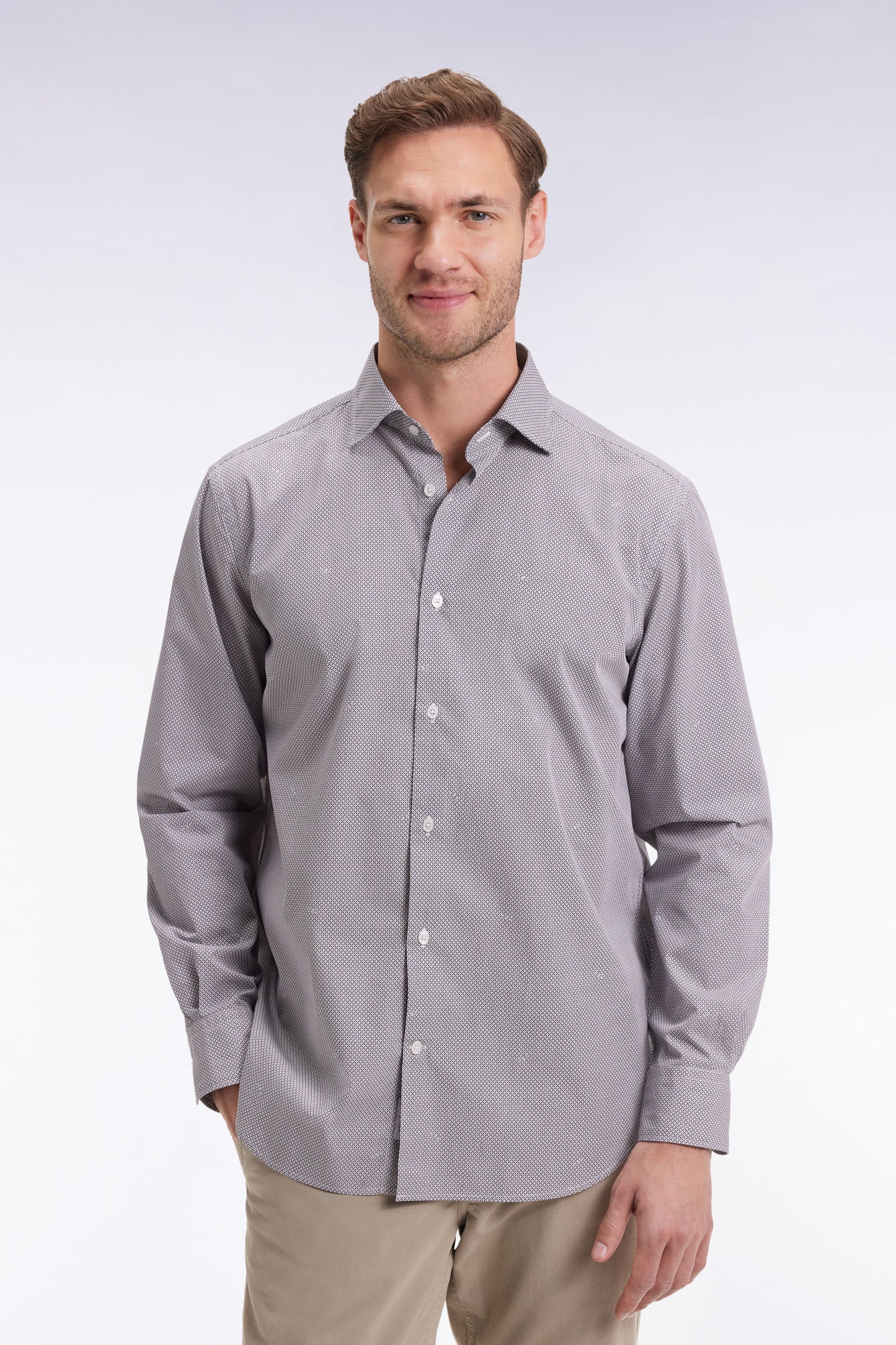 Cotton poplin shirt with beige micro-patterns, straight cut