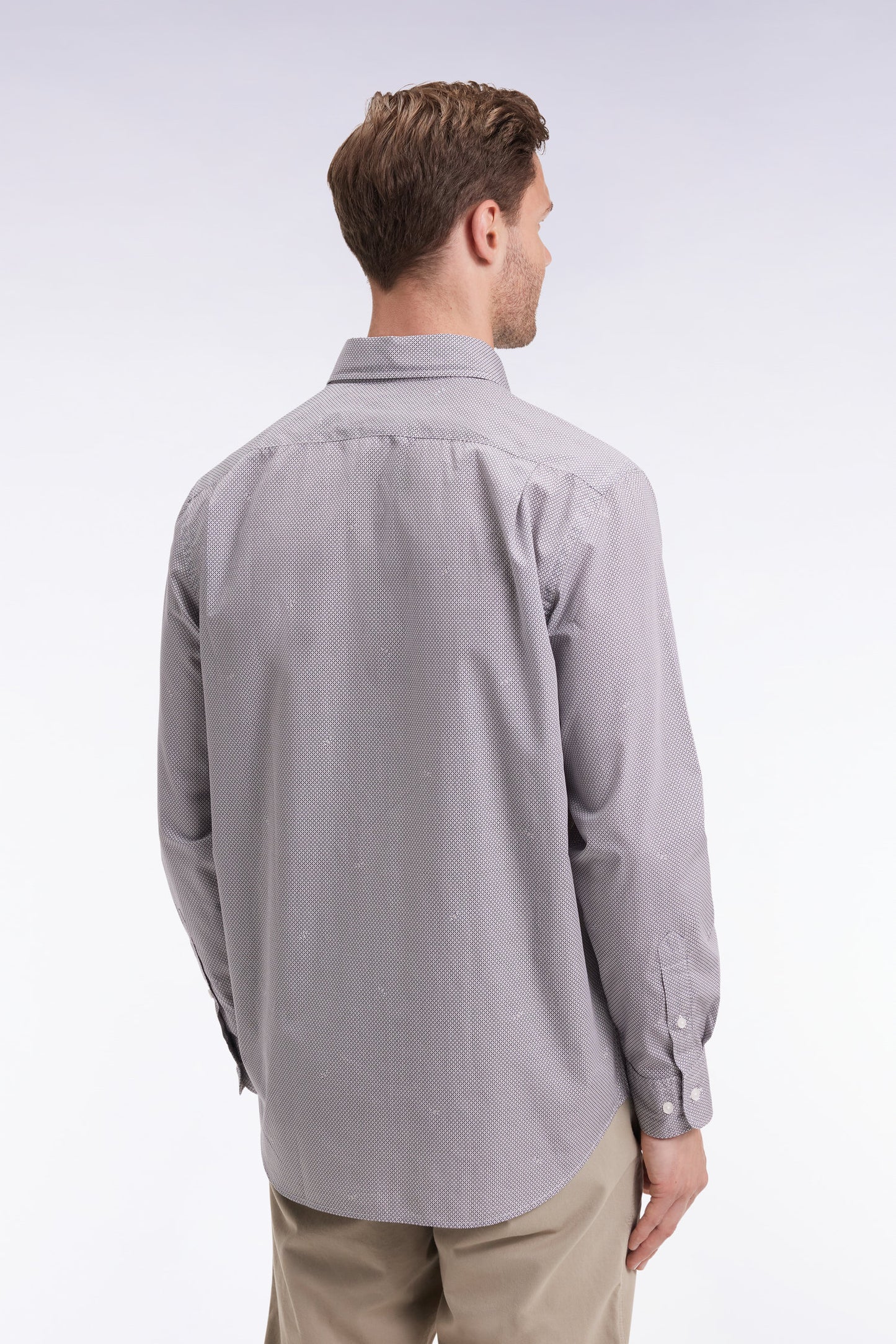 Cotton poplin shirt with beige micro-patterns, straight cut