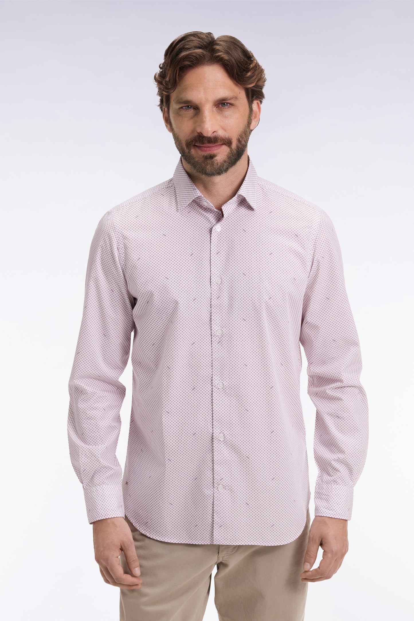 Cotton poplin shirt with burgundy micropatterns, slim fit