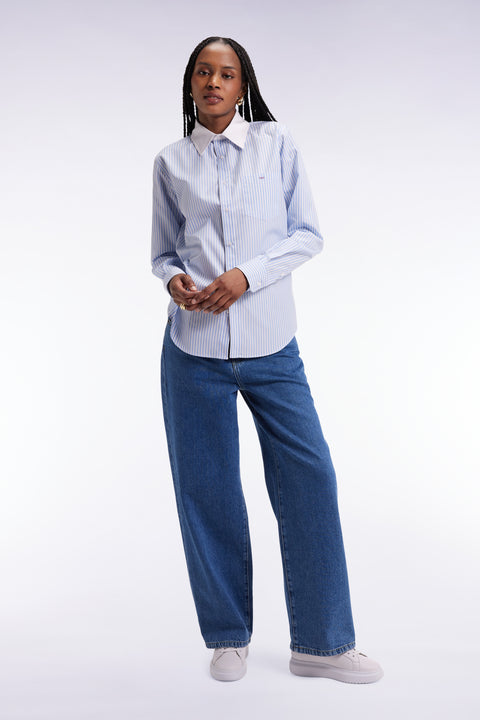 Chemise en popeline de coton rayée ciel et blanche coupe slim - Image 3