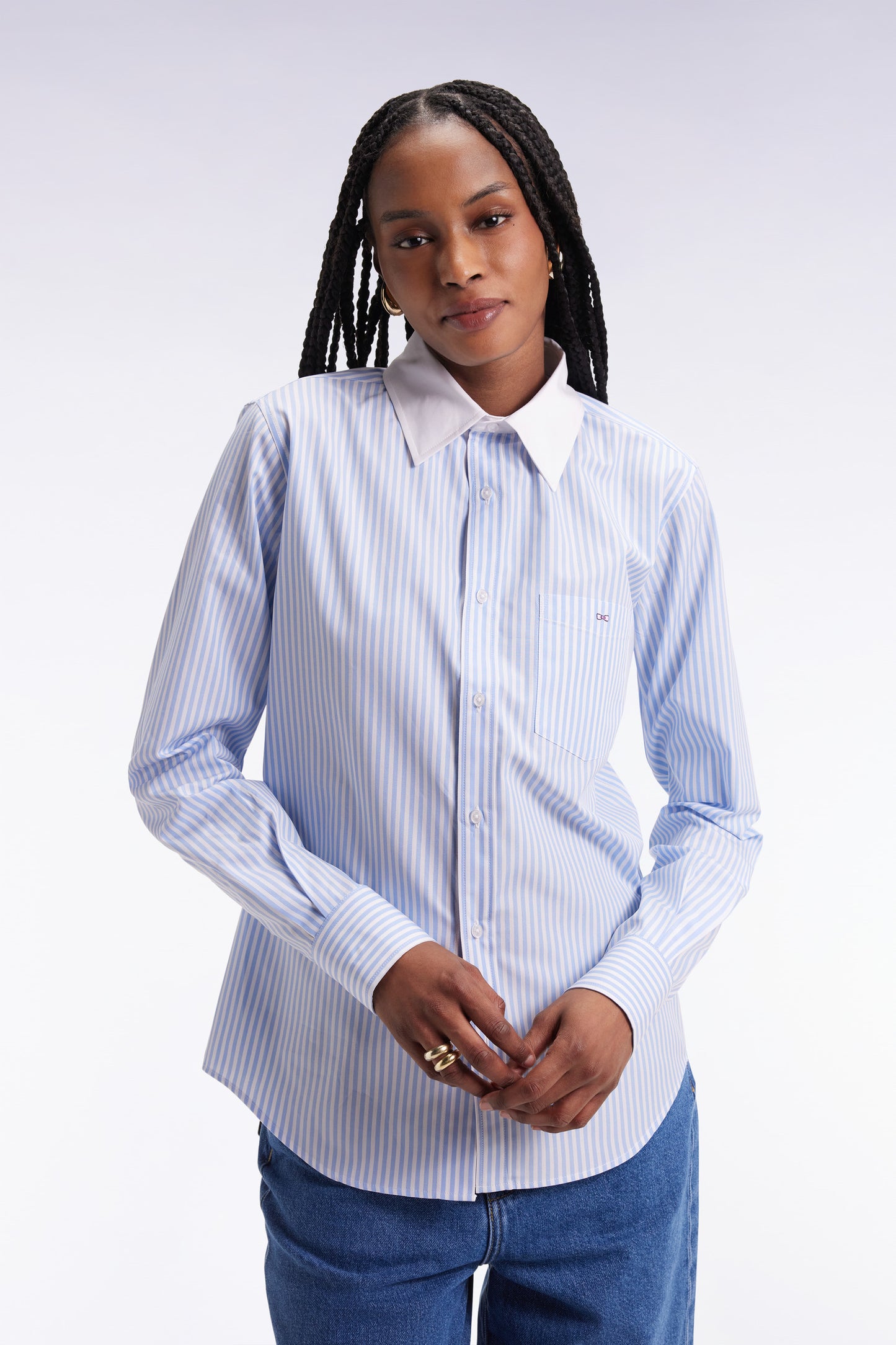 Chemise en popeline de coton rayée ciel et blanche coupe slim