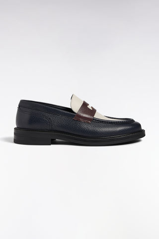Off-white and brown navy grained leather loafers