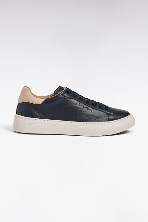 Two-tone low-top sneakers in navy leather and sand suede - Image 1