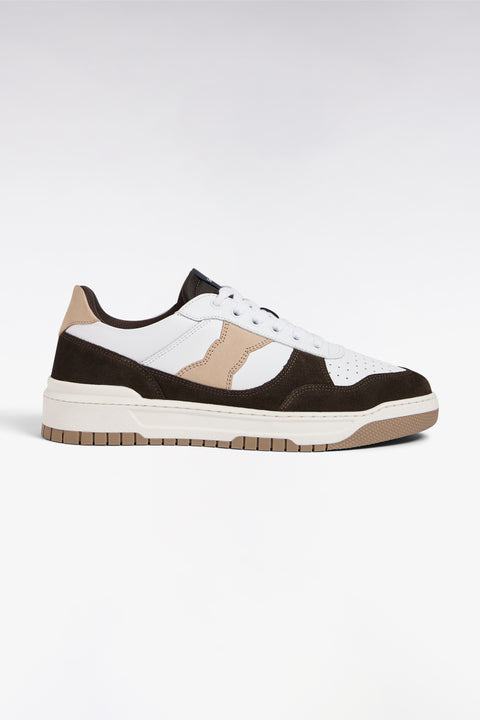 Two-tone sneakers in smooth white leather and brown suede leather - Image 1