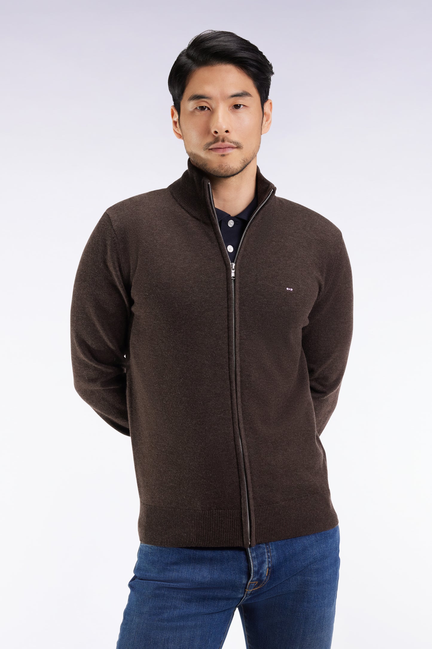 Zipped cardigan in wool and brown cotton, straight cut
