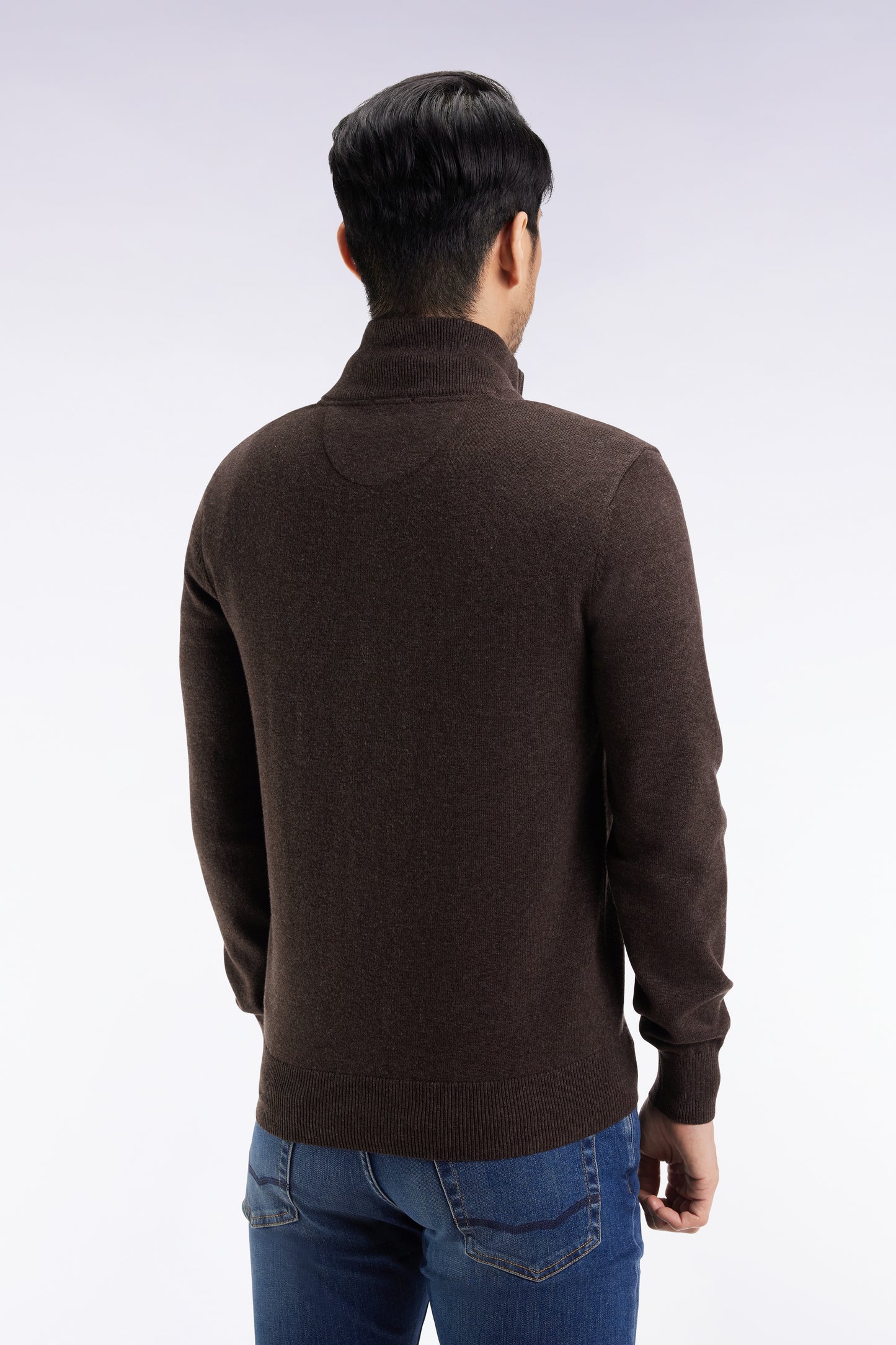 Zipped cardigan in wool and brown cotton, straight cut