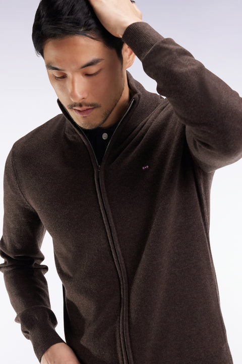 Zipped cardigan in wool and brown cotton, straight cut - Image 1