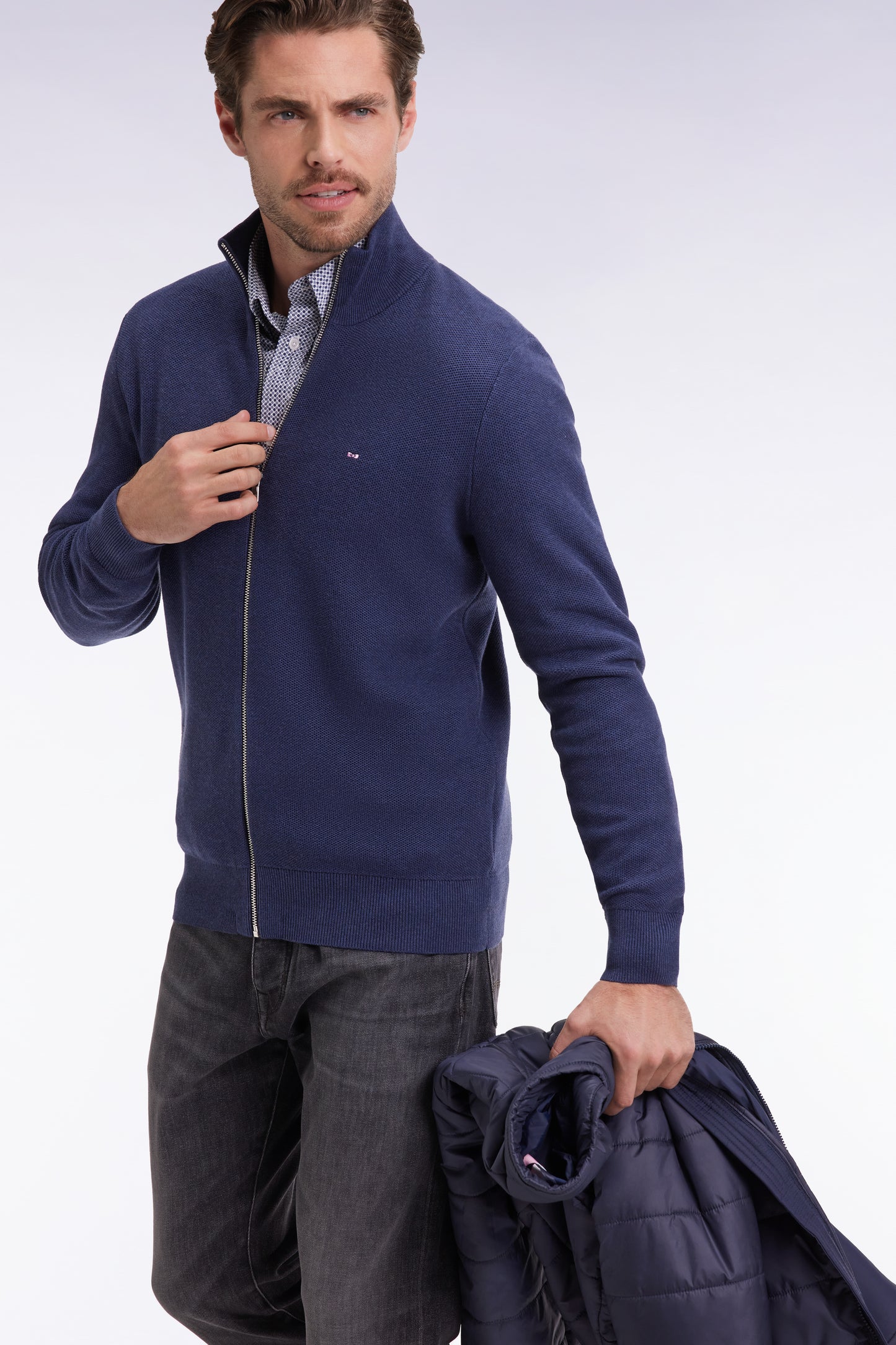 Navy honeycomb cotton cardigan, straight cut