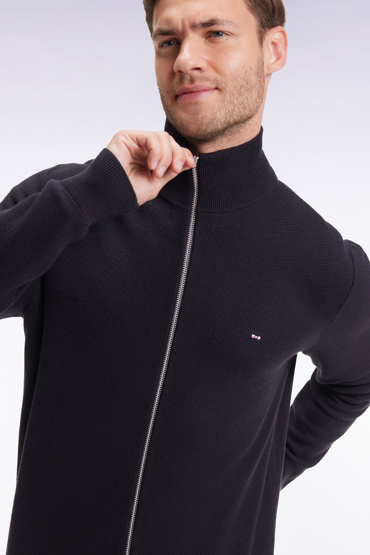 Cardigan en coton nid d'abeille noir coupe droite