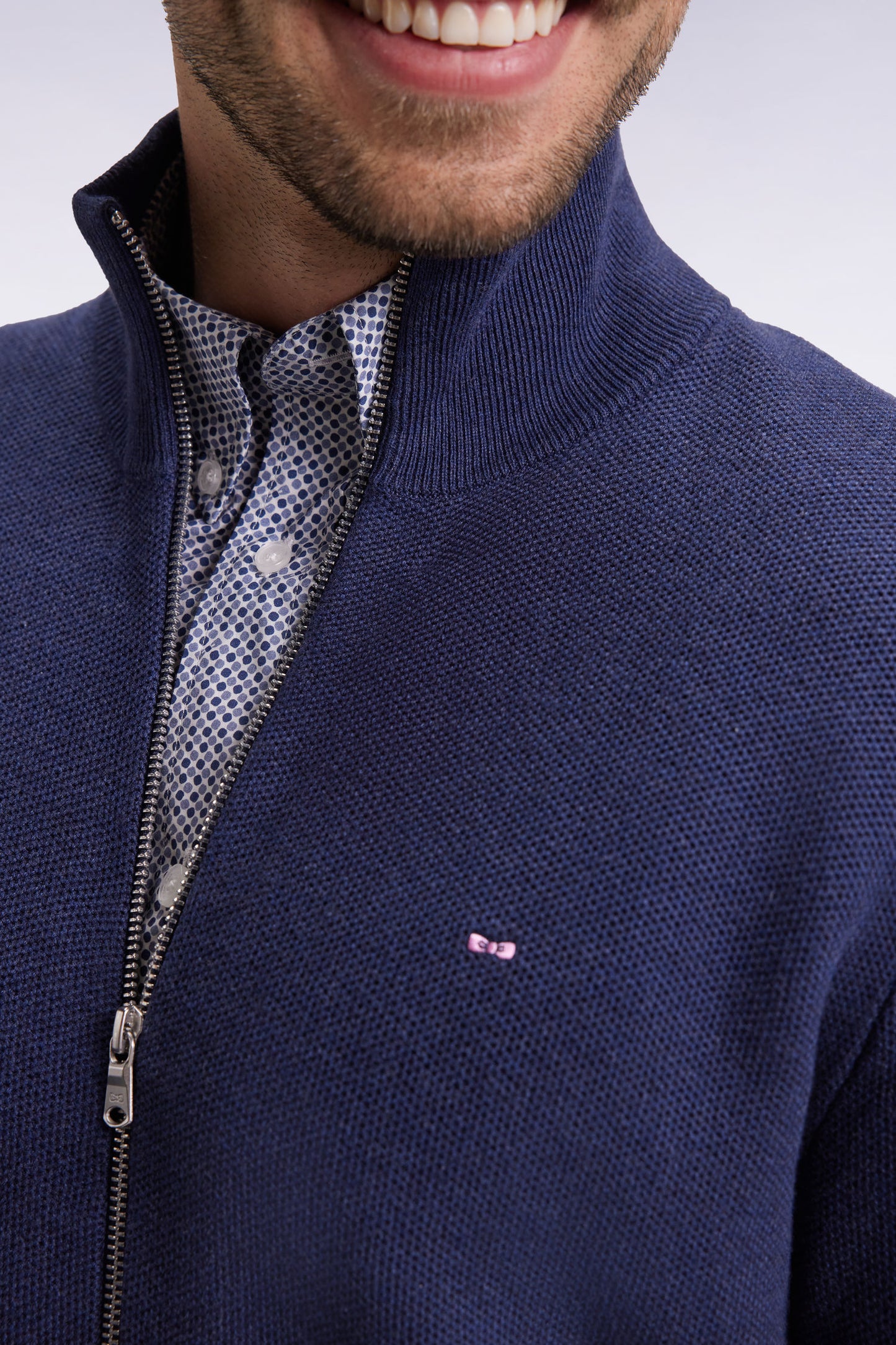 Navy honeycomb cotton cardigan, straight cut