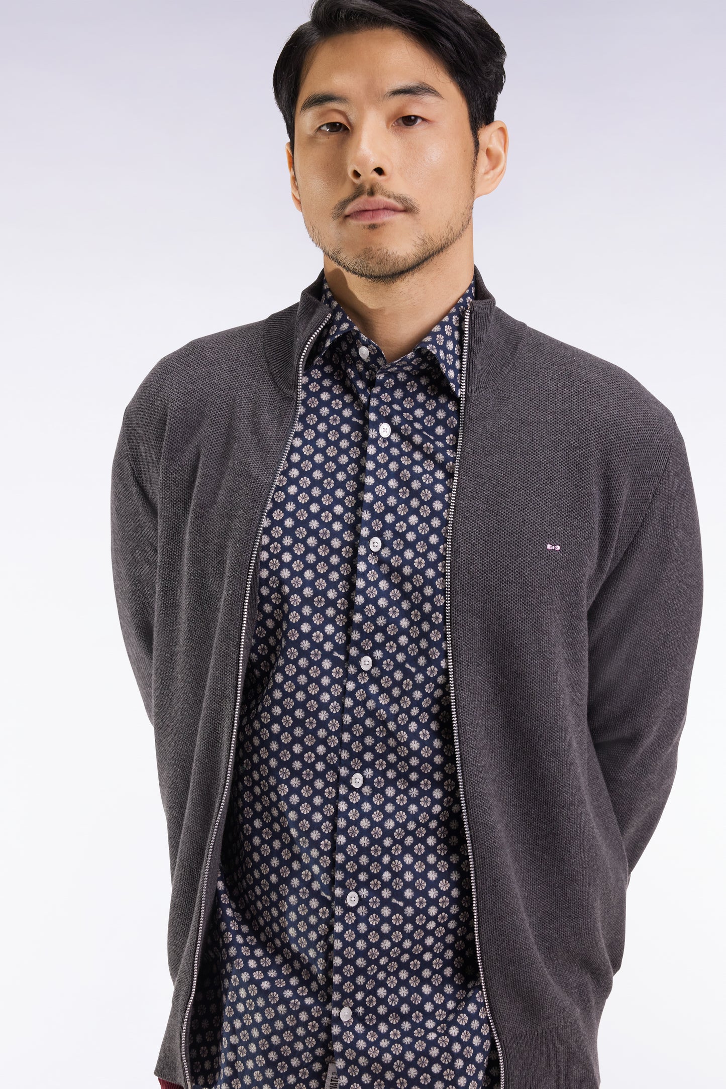 Cardigan en coton nid d'abeille gris coupe droite