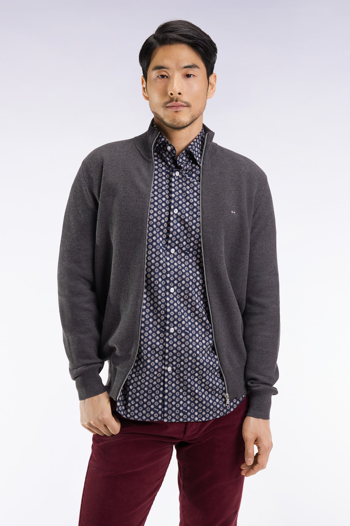 Cardigan en coton nid d'abeille gris coupe droite
