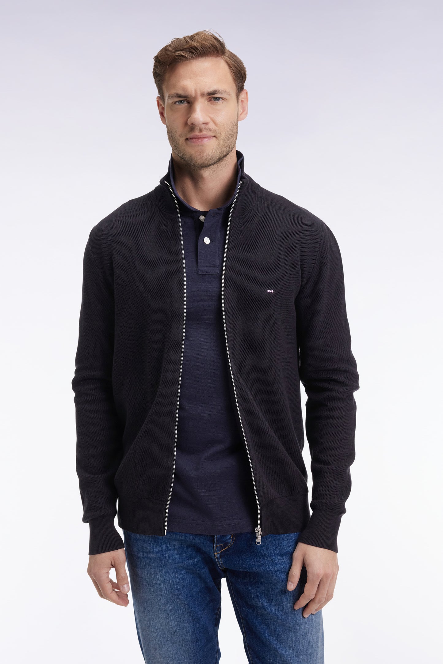 Cardigan en coton nid d'abeille noir coupe droite