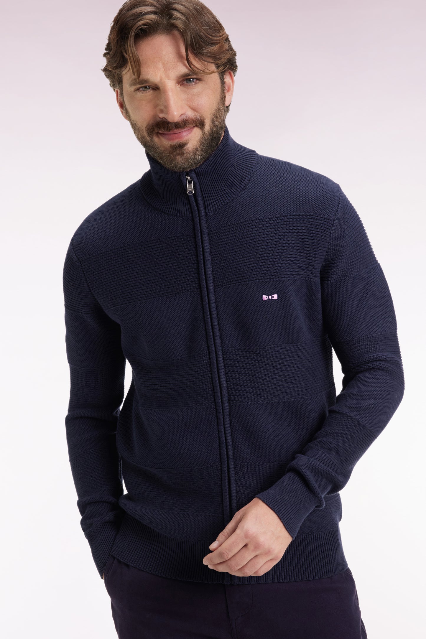 Navy honeycomb cotton zipped cardigan, straight cut