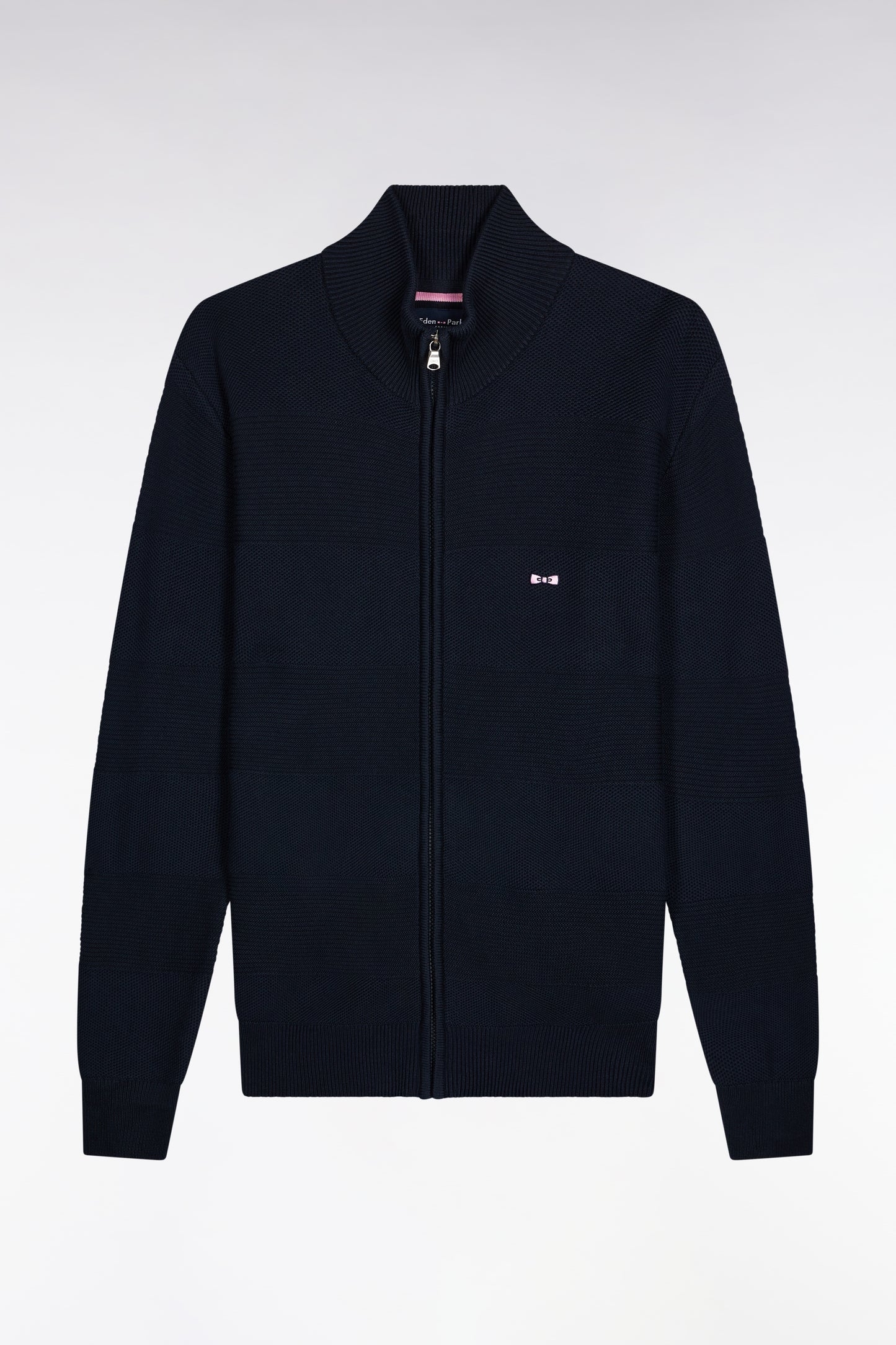 Navy honeycomb cotton zipped cardigan, straight cut